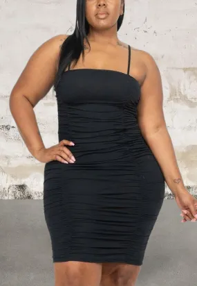 Plus size spaghetti strap stretch knit black dress