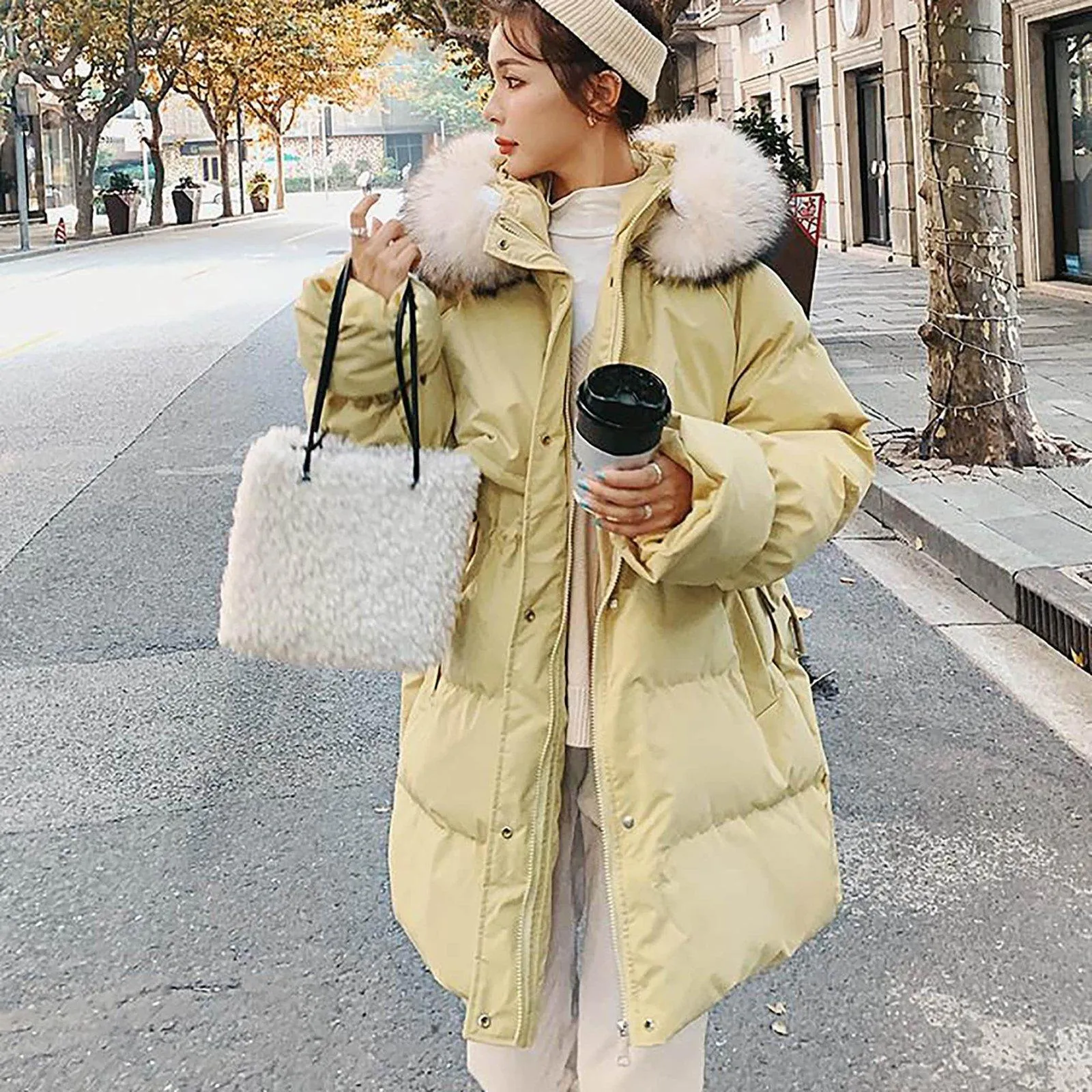 Quilted Cotton Faux Fur Collar Puffer Parka