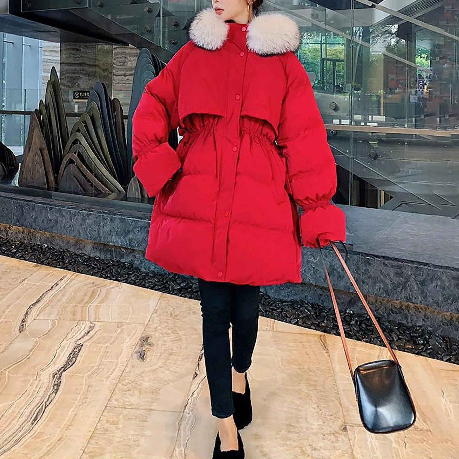 Quilted Cotton Faux Fur Collar Puffer Parka