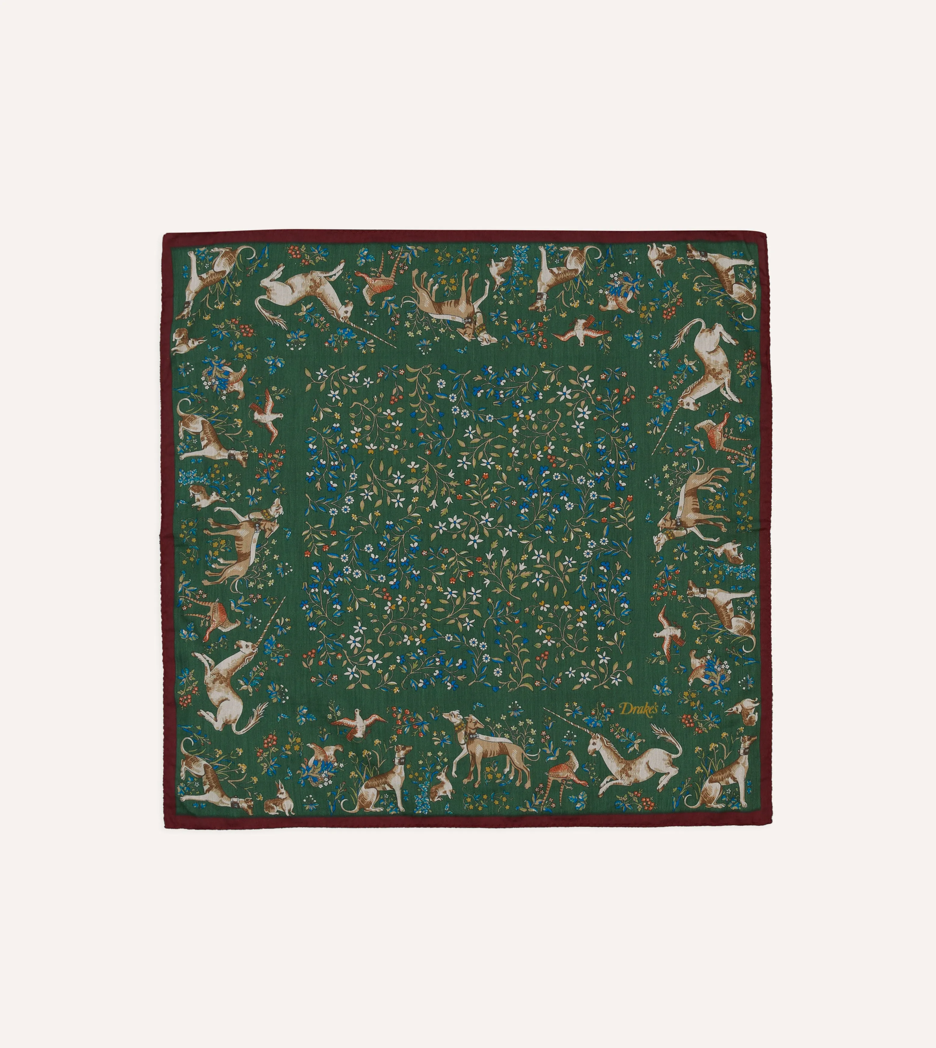 Red and Green Unicorn Garden Print Cotton-Silk Pocket Square