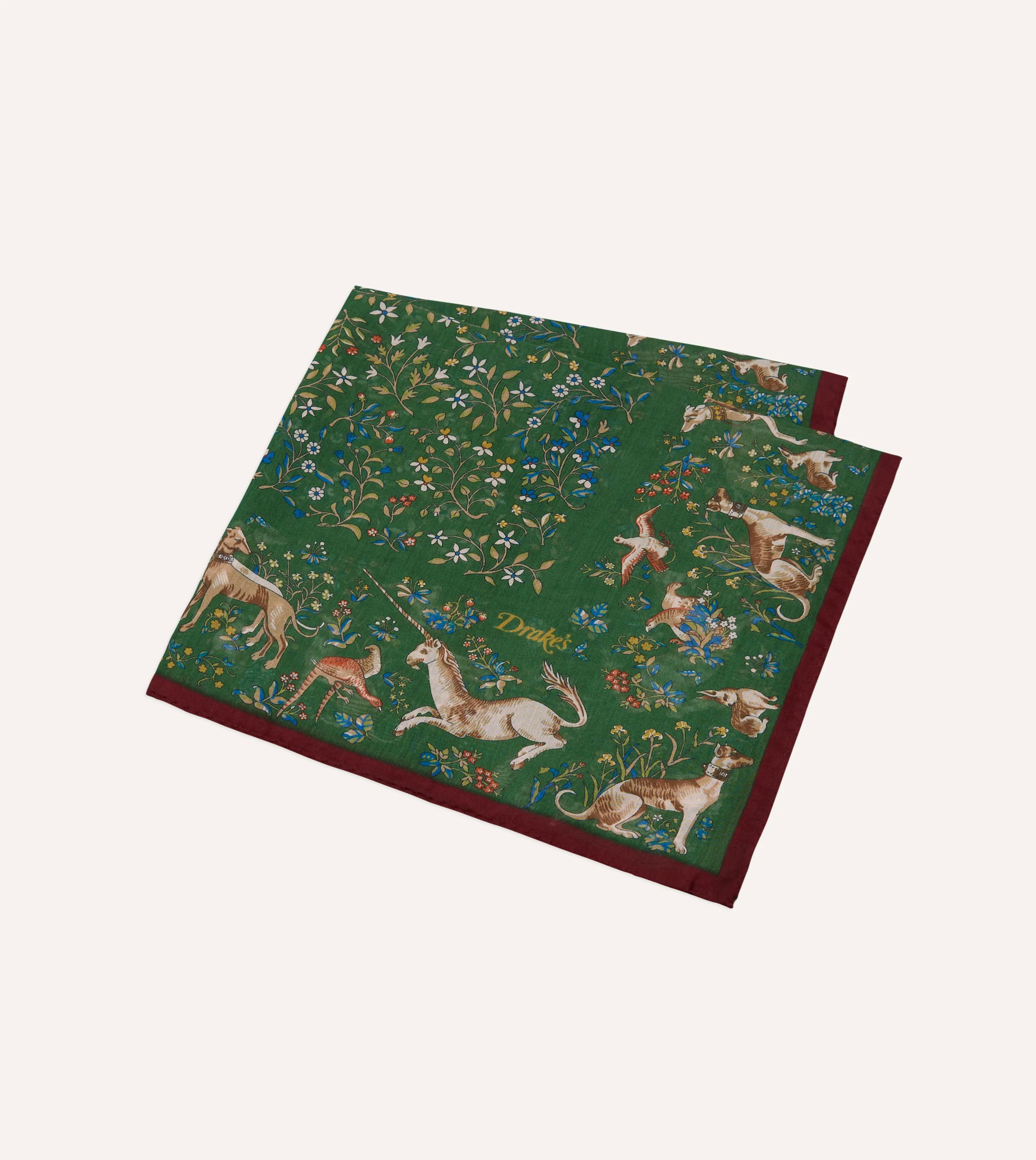 Red and Green Unicorn Garden Print Cotton-Silk Pocket Square