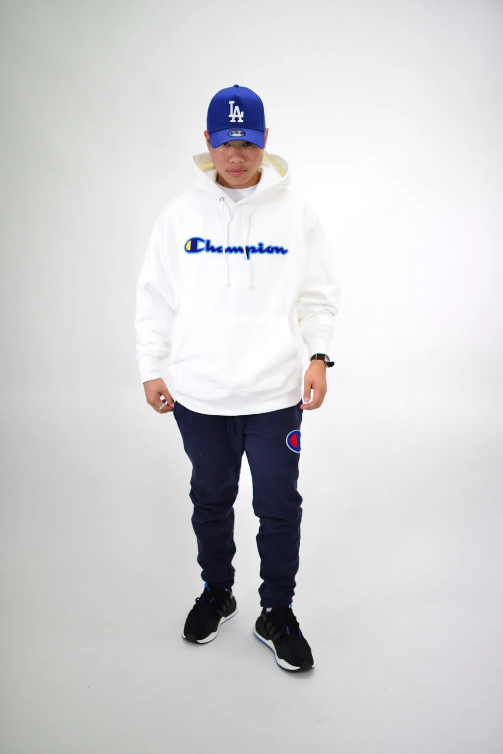 REVERSE WEAVE PULLOVER HOODIE - WHITE/BLUE