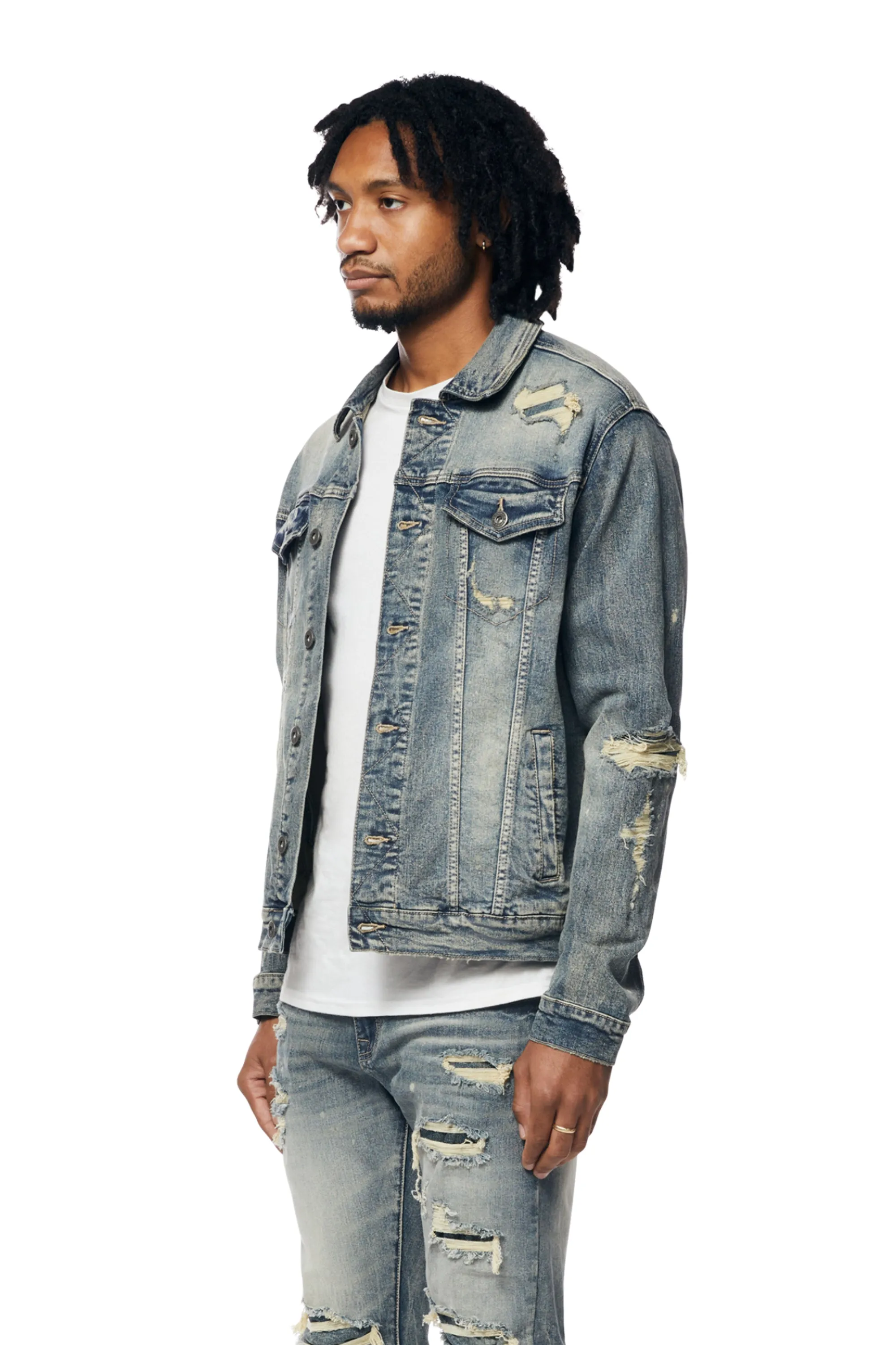 Rip And Repaired Color Jean Jacket - Blue Opal