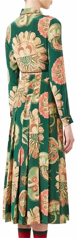 'Sea Life' Printed Pleated Dress in Green