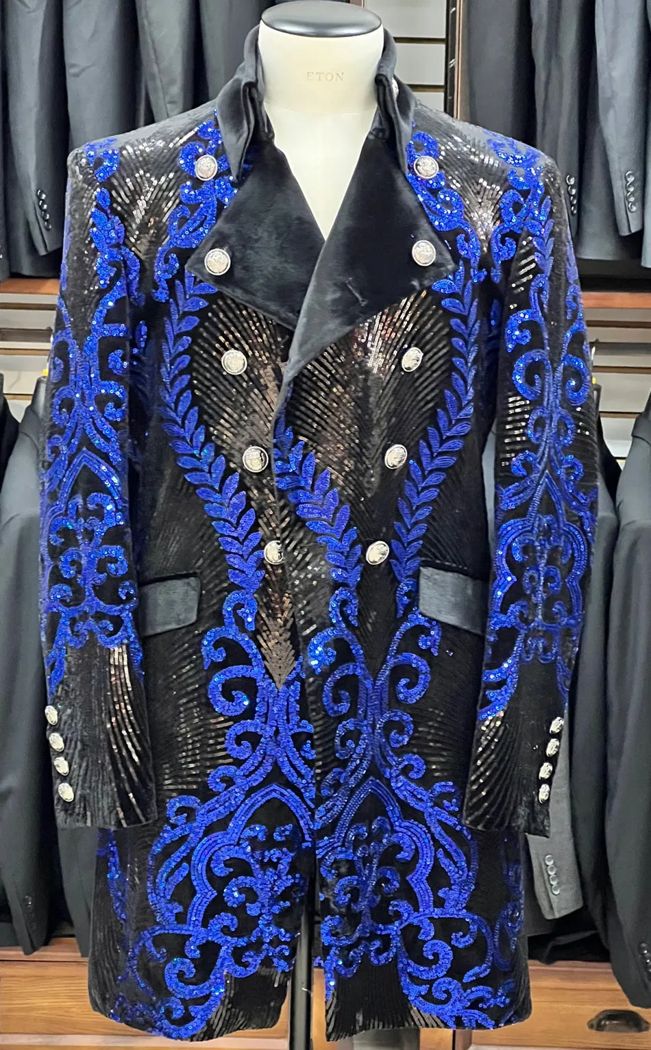 sequins long coat, Jupiter Blue