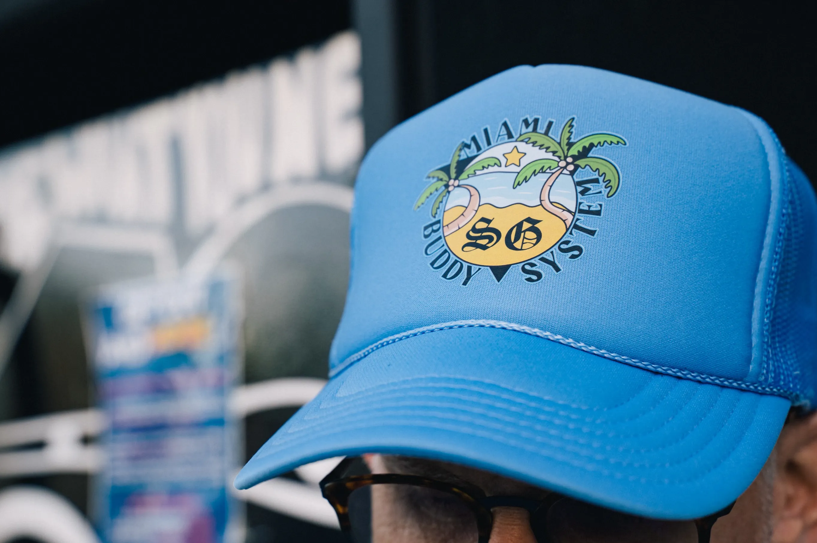 SHOE GALLERY X BUDDY SYSTEM TRUCKER HAT LIGHT BLUE