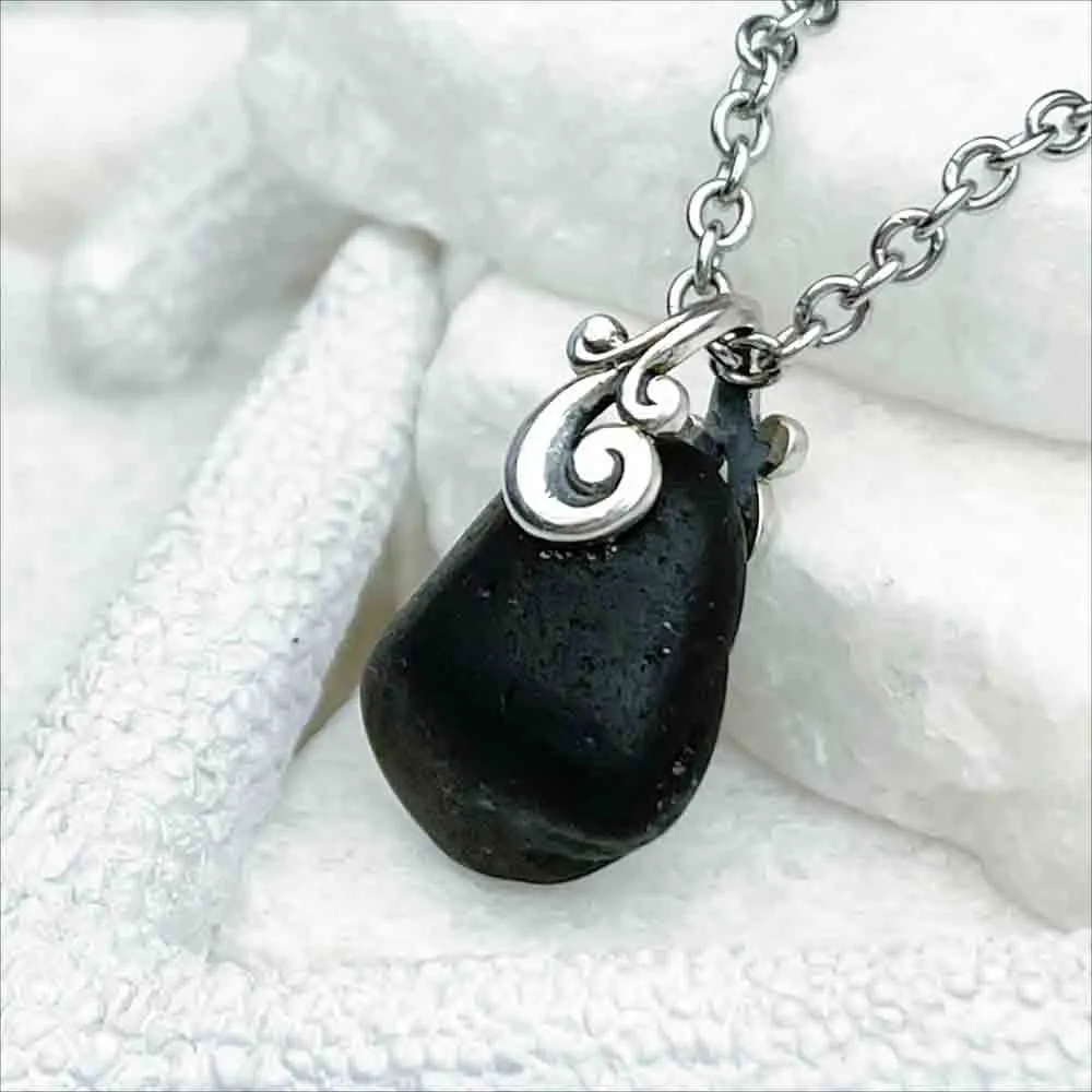 Simple Black Sea Glass Sterling Silver Pendant | #5205