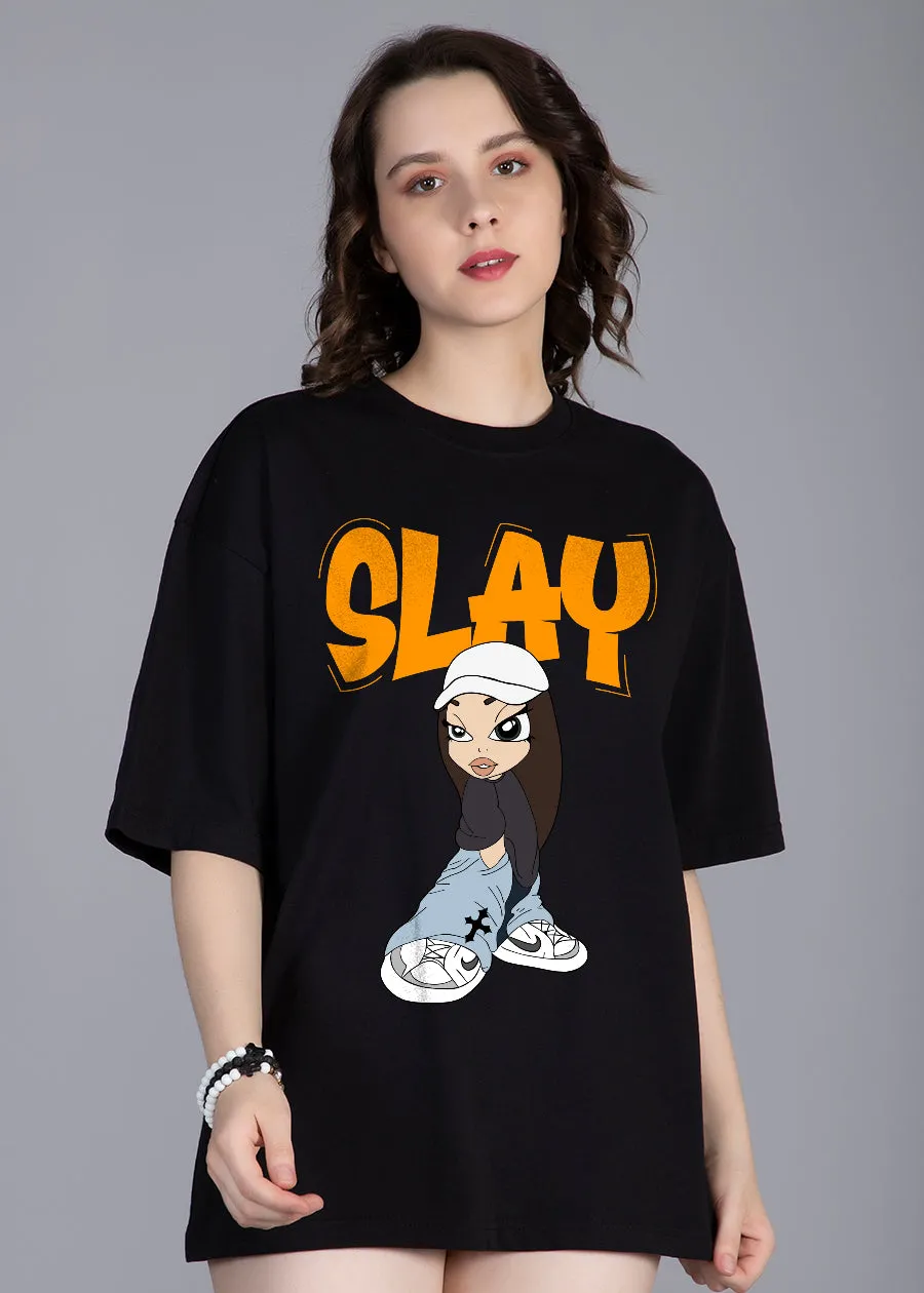 Slay Printed Black Oversized T-shirt Women | Pronk