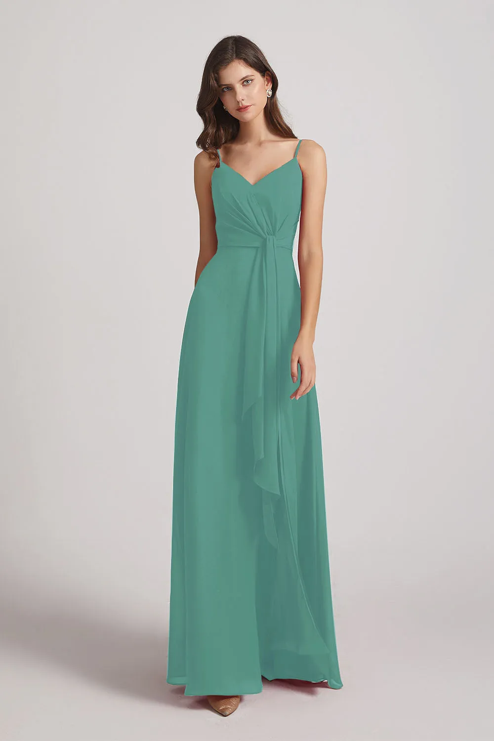 Spaghetti Straps V-Neck Waist-Tie Chiffon Bridesmaid Dresses (AF0103)