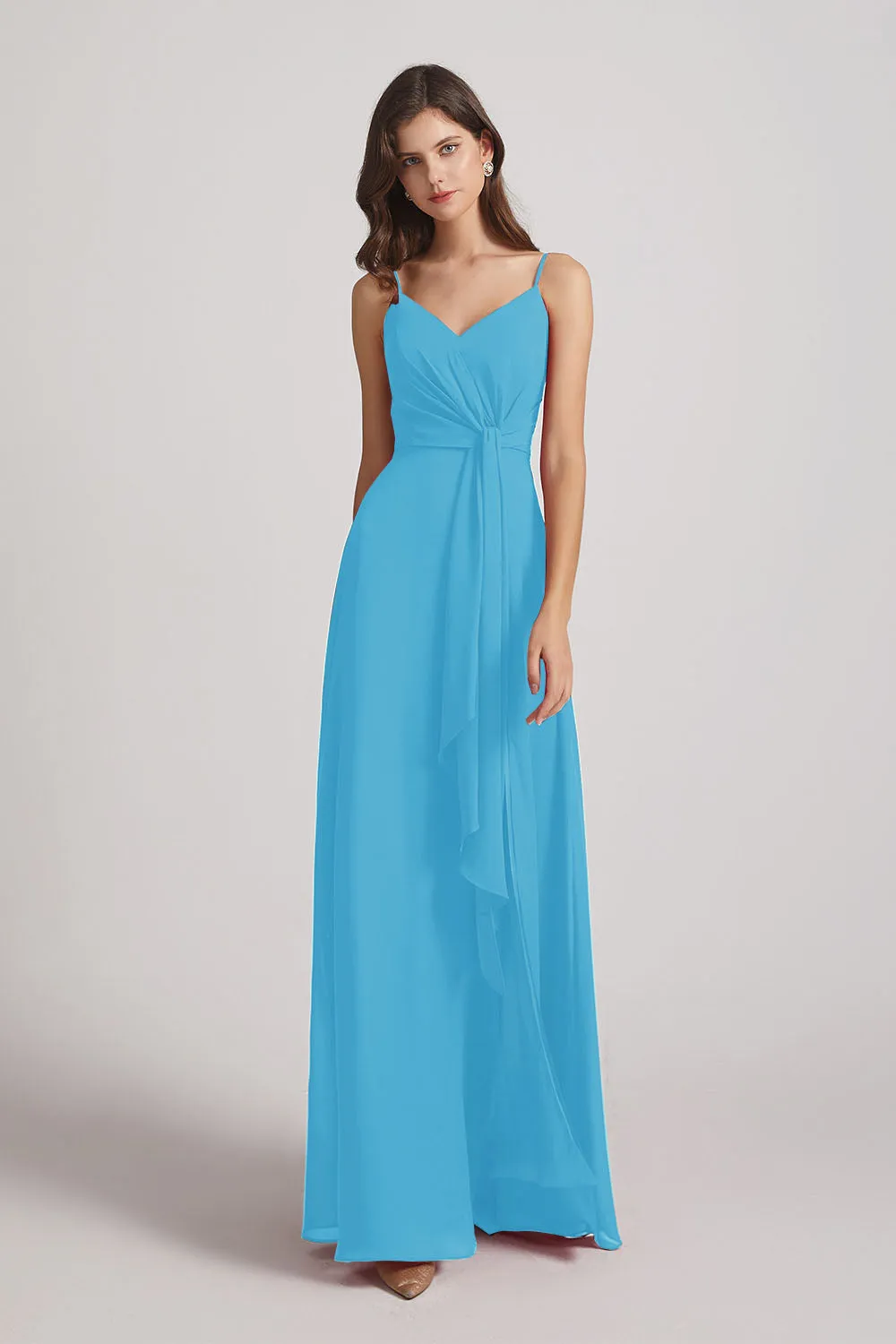 Spaghetti Straps V-Neck Waist-Tie Chiffon Bridesmaid Dresses (AF0103)