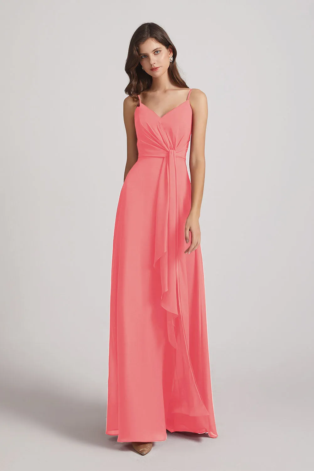 Spaghetti Straps V-Neck Waist-Tie Chiffon Bridesmaid Dresses (AF0103)