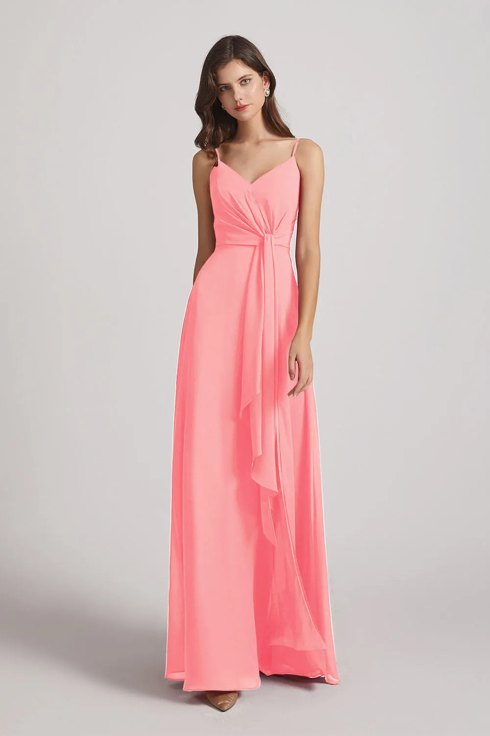 Spaghetti Straps V-Neck Waist-Tie Chiffon Bridesmaid Dresses (AF0103)