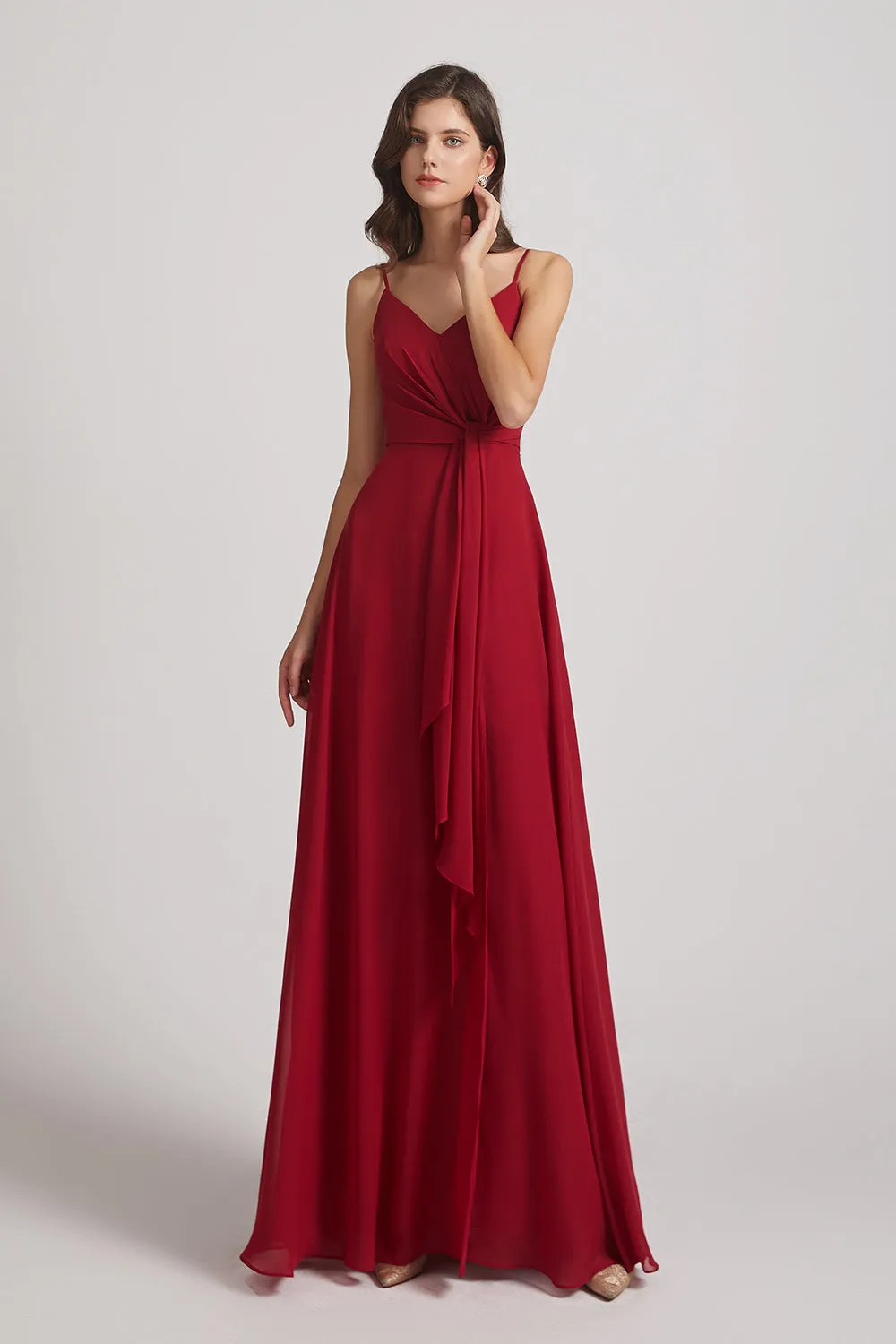 Spaghetti Straps V-Neck Waist-Tie Chiffon Bridesmaid Dresses (AF0103)