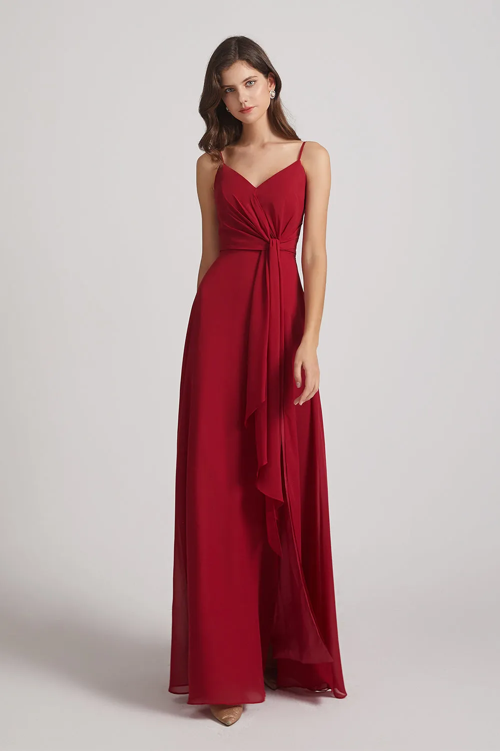 Spaghetti Straps V-Neck Waist-Tie Chiffon Bridesmaid Dresses (AF0103)