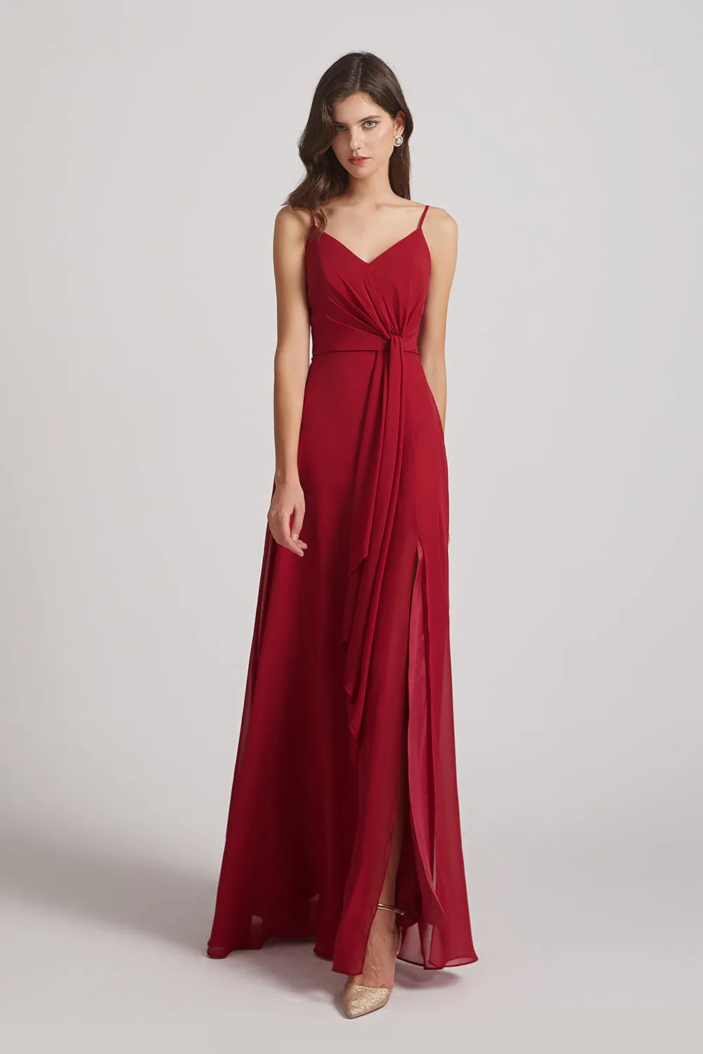 Spaghetti Straps V-Neck Waist-Tie Chiffon Bridesmaid Dresses (AF0103)