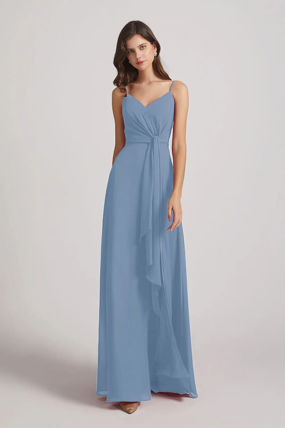 Spaghetti Straps V-Neck Waist-Tie Chiffon Bridesmaid Dresses (AF0103)