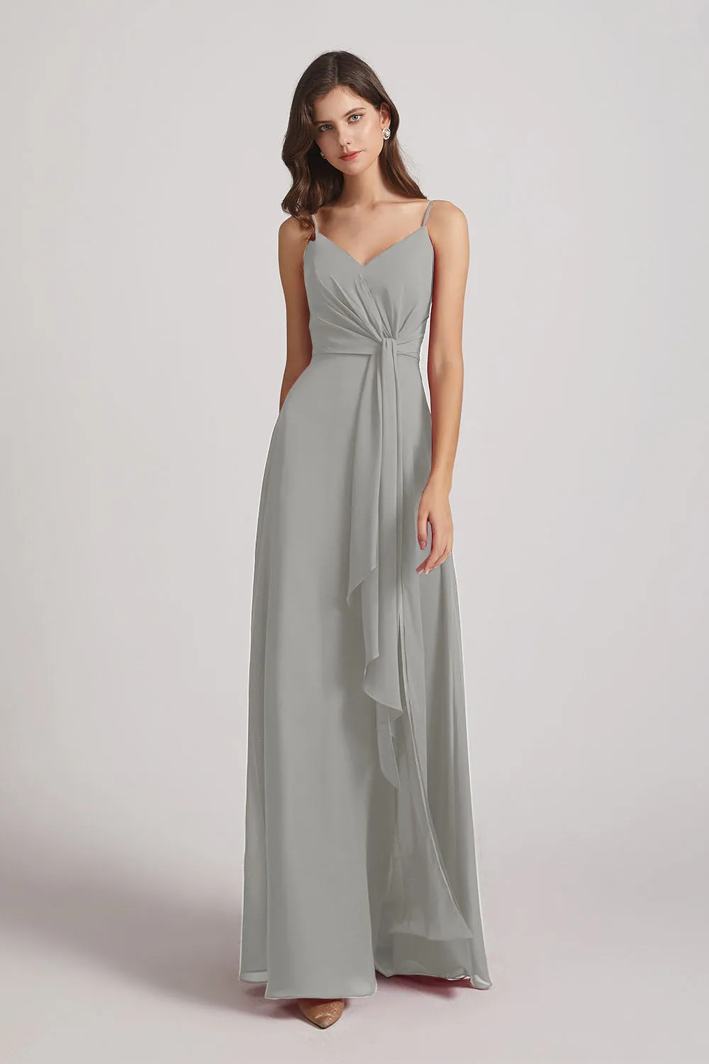 Spaghetti Straps V-Neck Waist-Tie Chiffon Bridesmaid Dresses (AF0103)