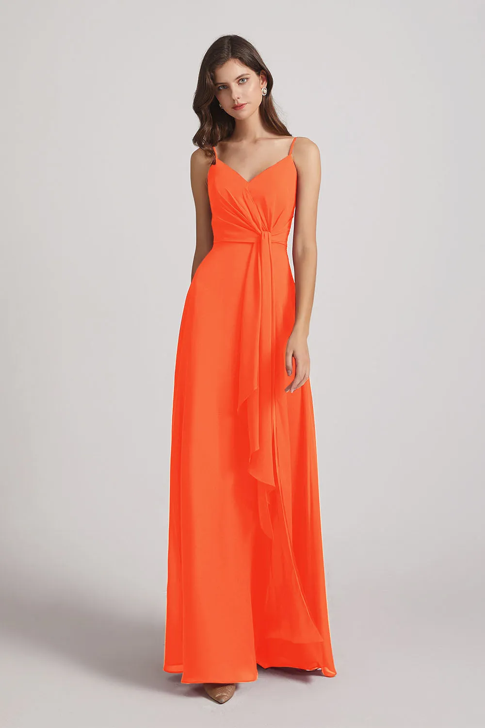 Spaghetti Straps V-Neck Waist-Tie Chiffon Bridesmaid Dresses (AF0103)