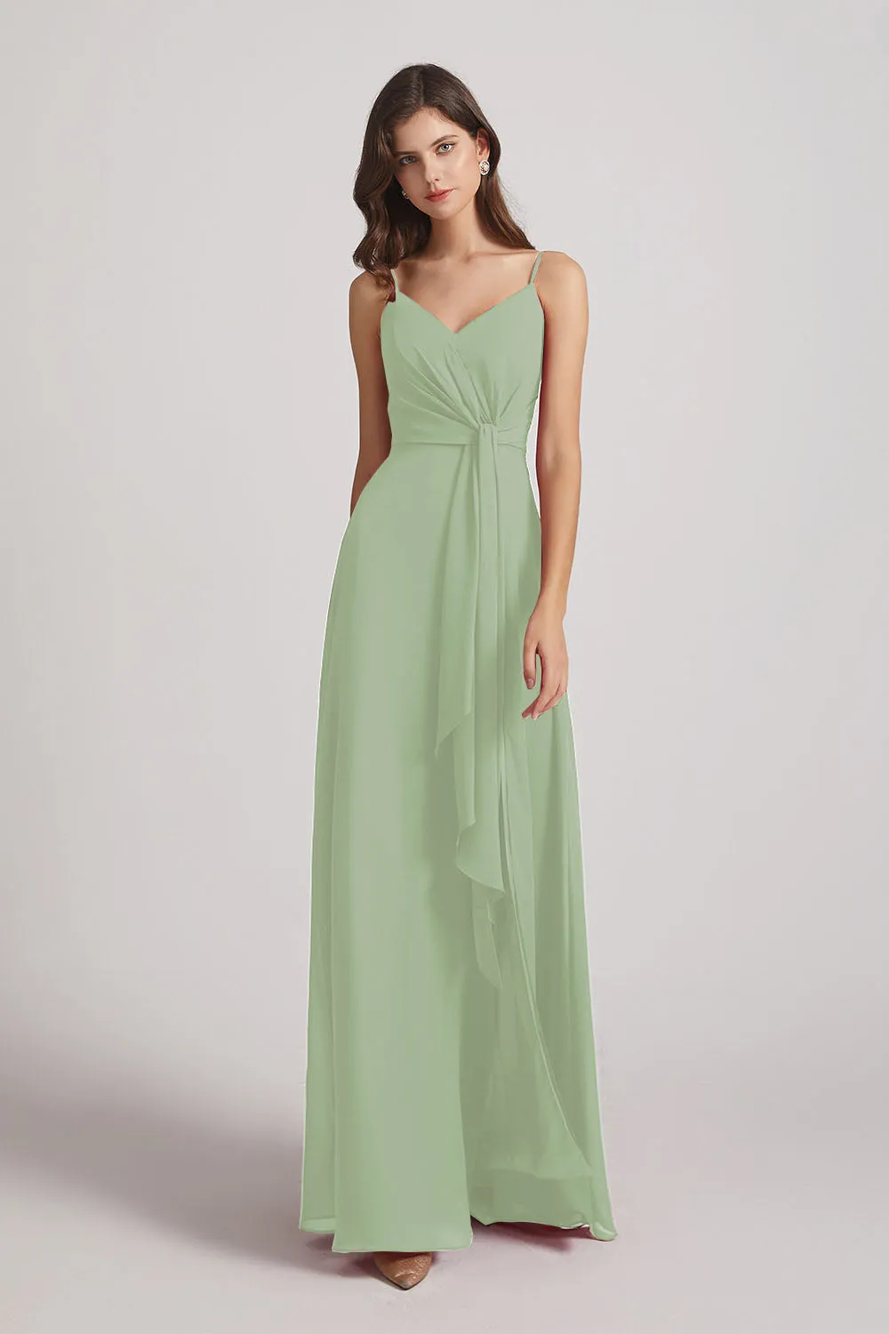 Spaghetti Straps V-Neck Waist-Tie Chiffon Bridesmaid Dresses (AF0103)