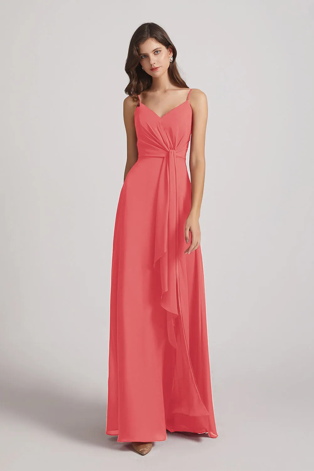 Spaghetti Straps V-Neck Waist-Tie Chiffon Bridesmaid Dresses (AF0103)