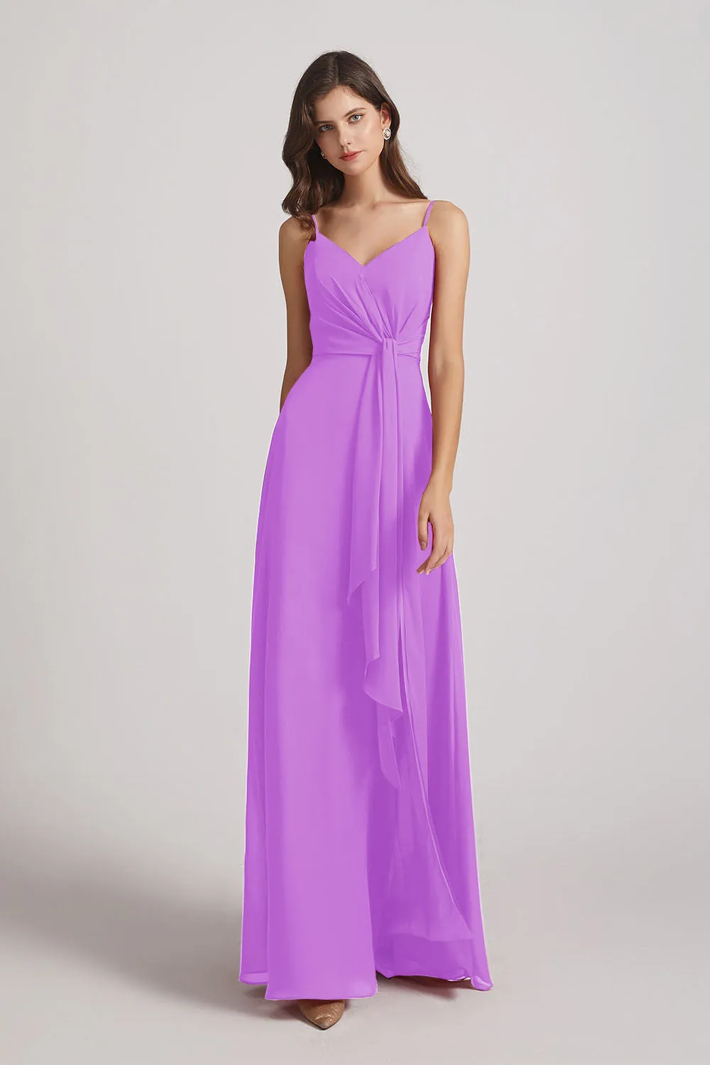 Spaghetti Straps V-Neck Waist-Tie Chiffon Bridesmaid Dresses (AF0103)