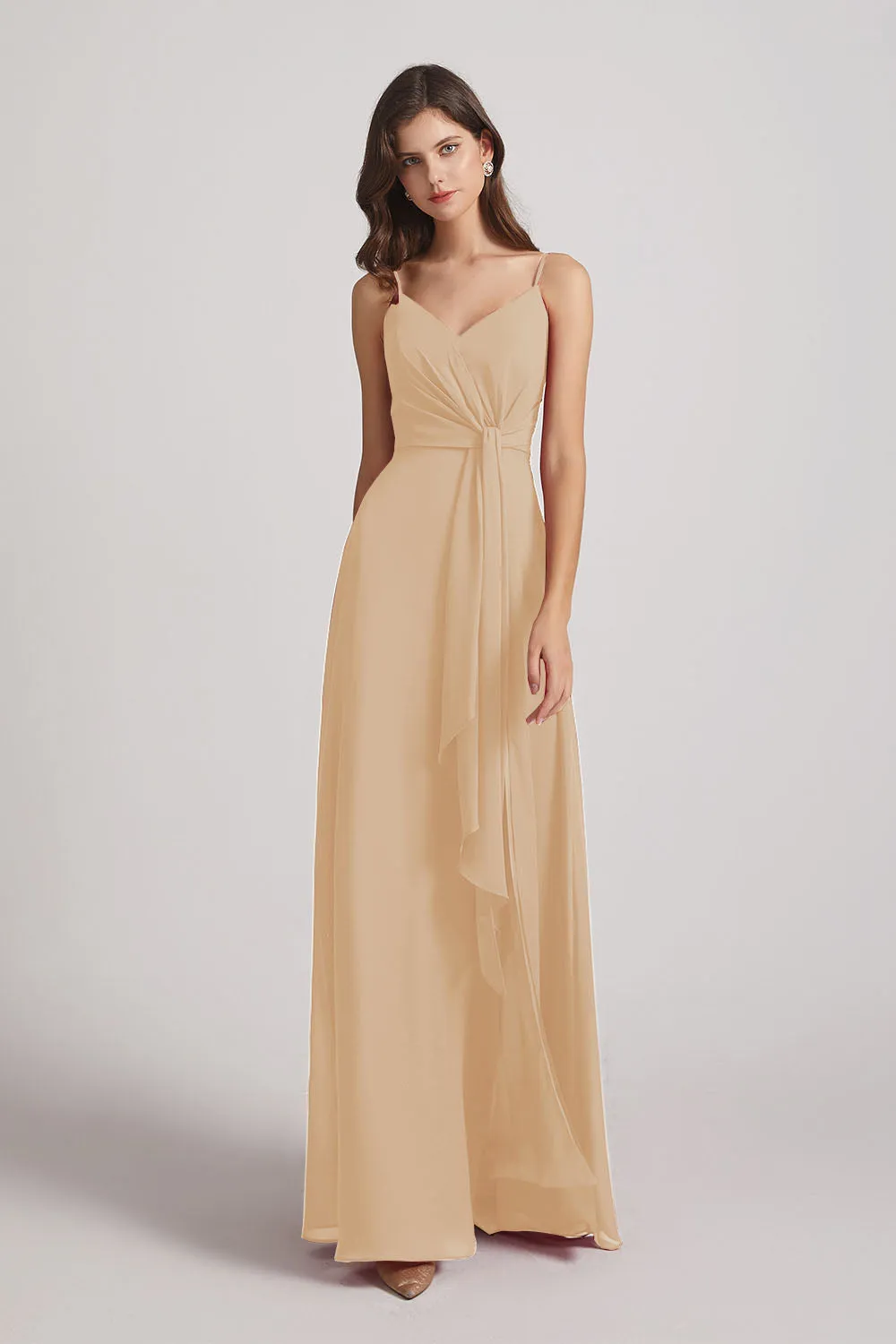 Spaghetti Straps V-Neck Waist-Tie Chiffon Bridesmaid Dresses (AF0103)