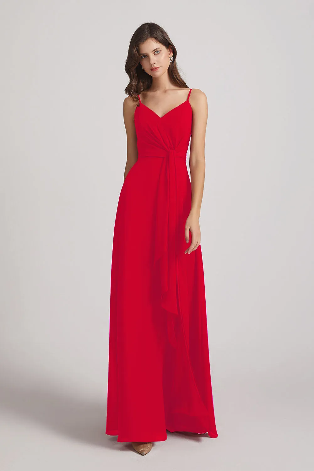 Spaghetti Straps V-Neck Waist-Tie Chiffon Bridesmaid Dresses (AF0103)