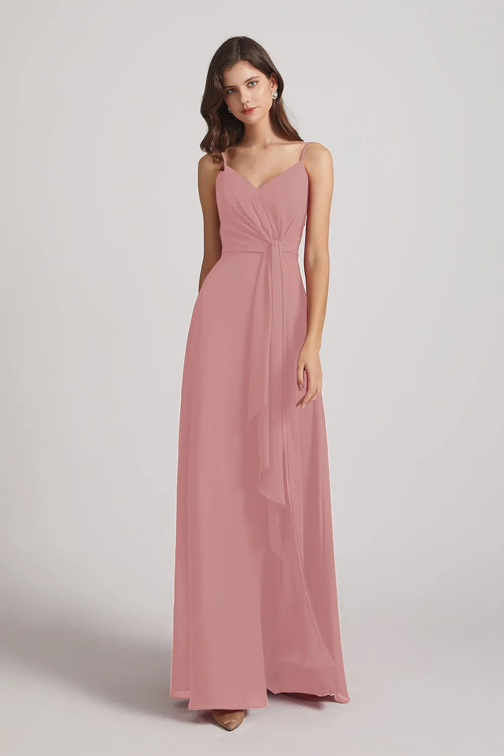 Spaghetti Straps V-Neck Waist-Tie Chiffon Bridesmaid Dresses (AF0103)