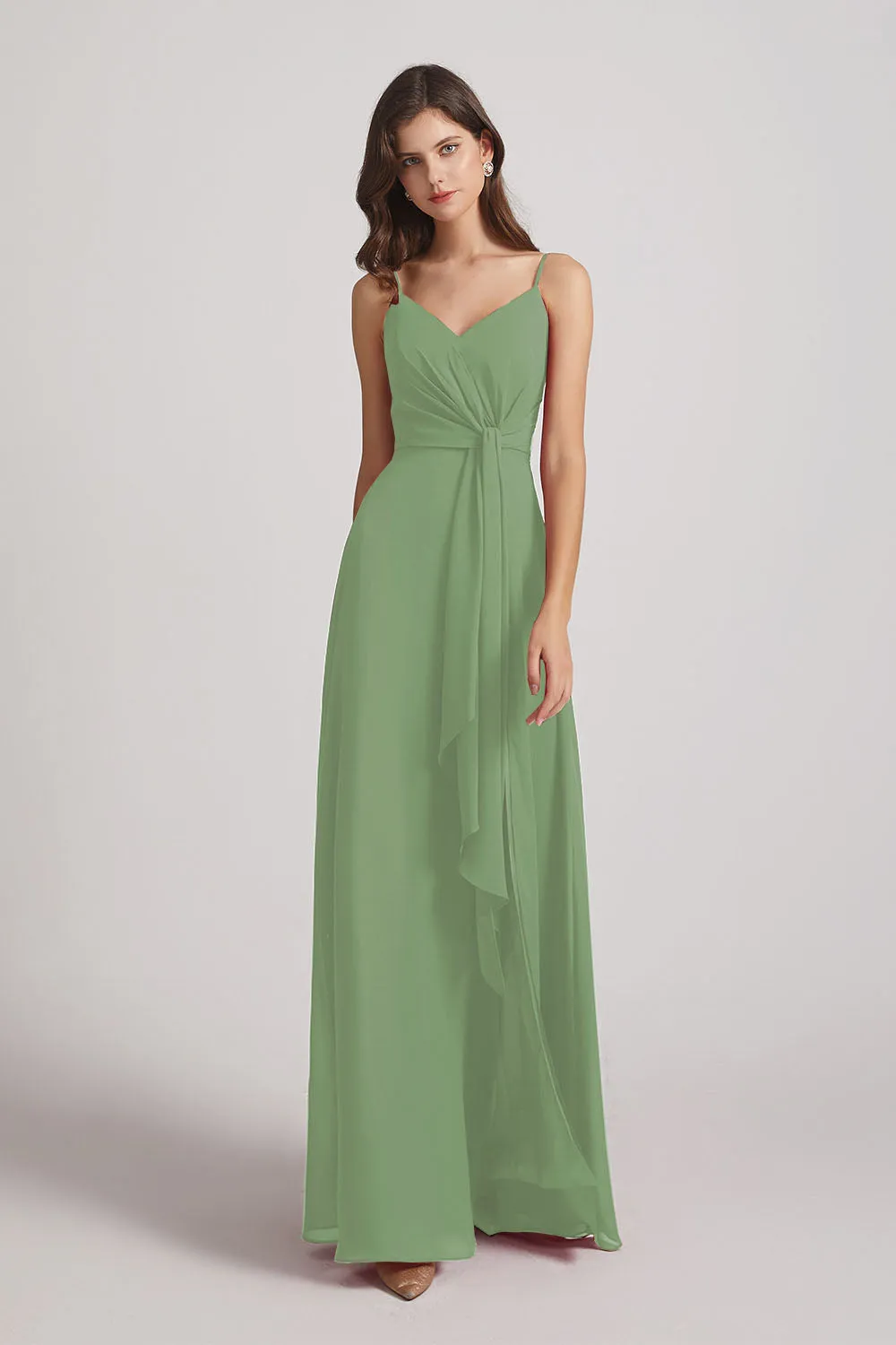 Spaghetti Straps V-Neck Waist-Tie Chiffon Bridesmaid Dresses (AF0103)