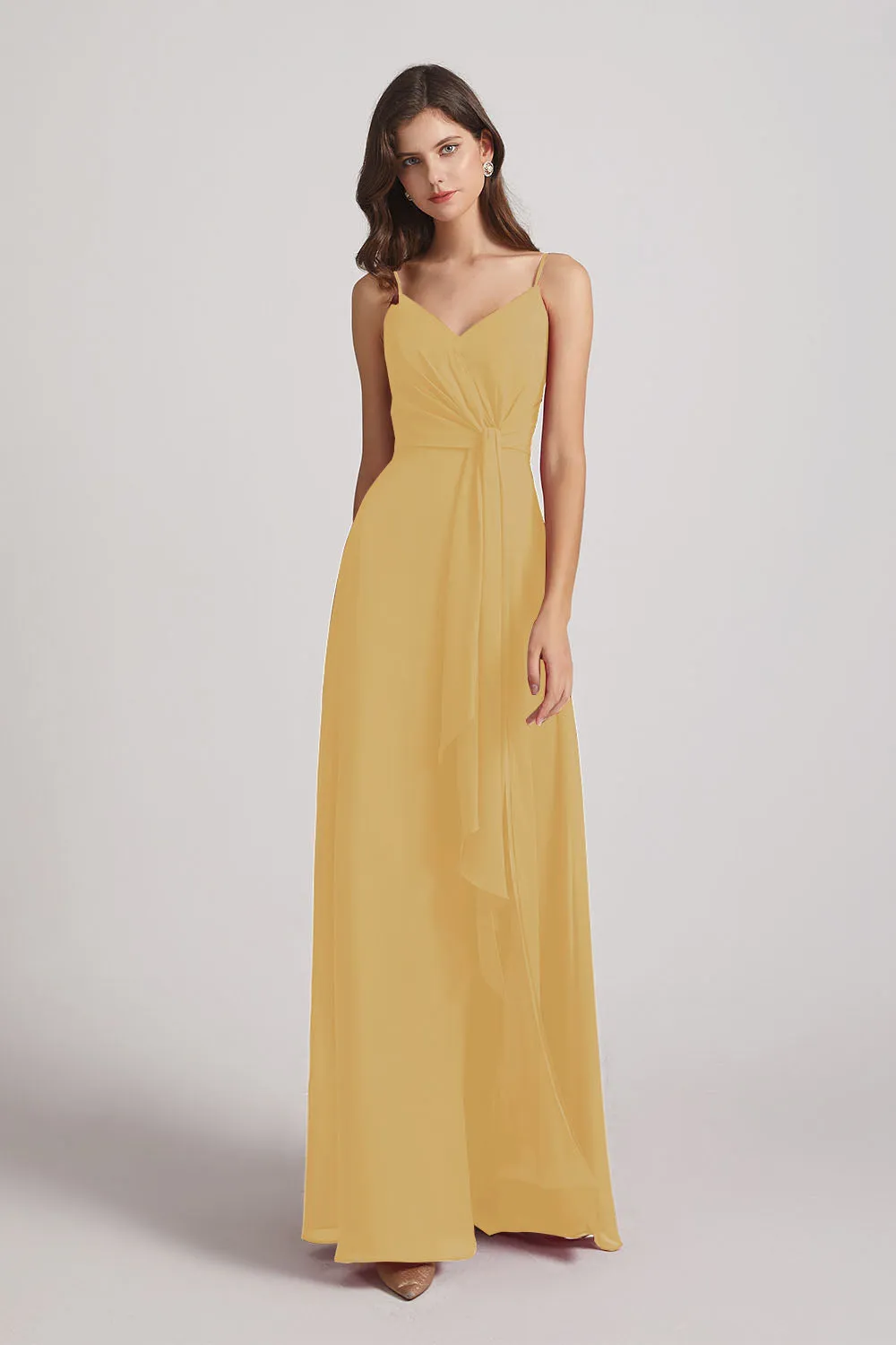 Spaghetti Straps V-Neck Waist-Tie Chiffon Bridesmaid Dresses (AF0103)