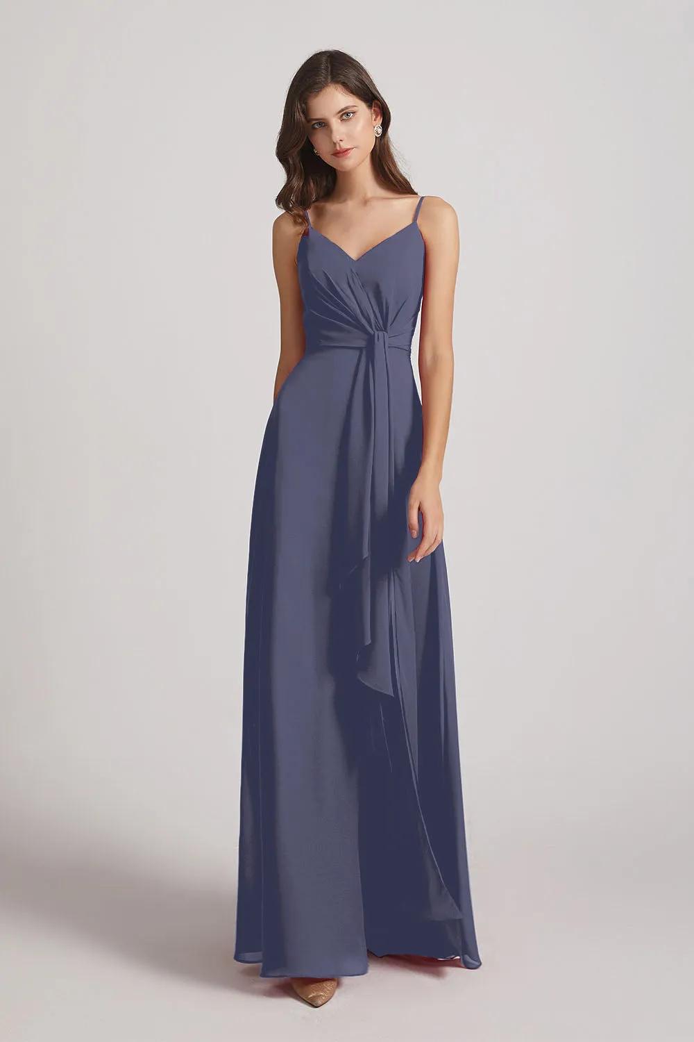 Spaghetti Straps V-Neck Waist-Tie Chiffon Bridesmaid Dresses (AF0103)