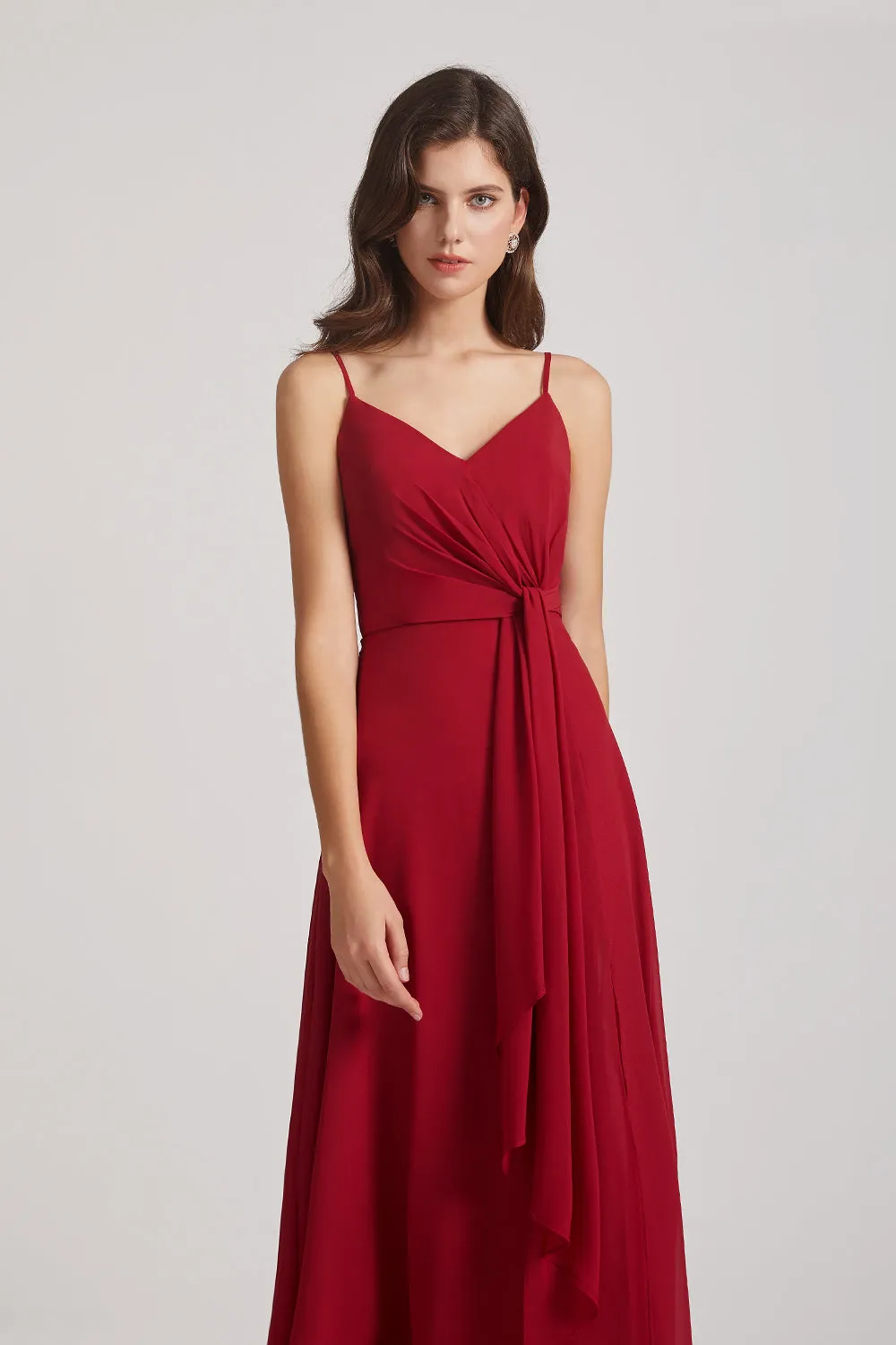 Spaghetti Straps V-Neck Waist-Tie Chiffon Bridesmaid Dresses (AF0103)