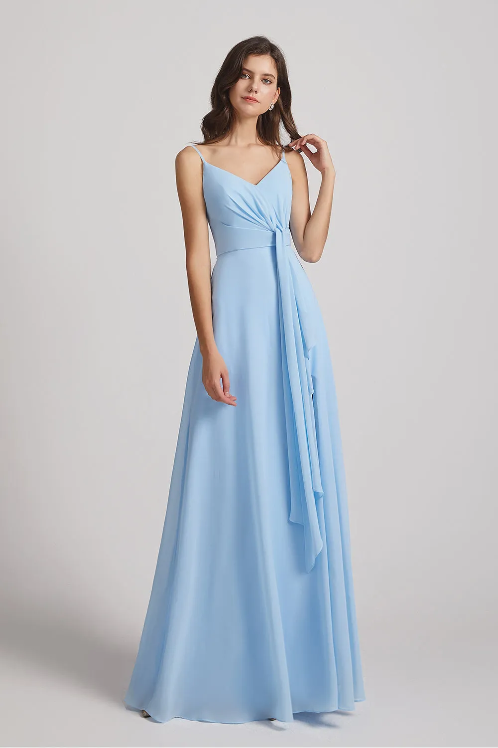 Spaghetti Straps V-Neck Waist-Tie Chiffon Bridesmaid Dresses (AF0103)