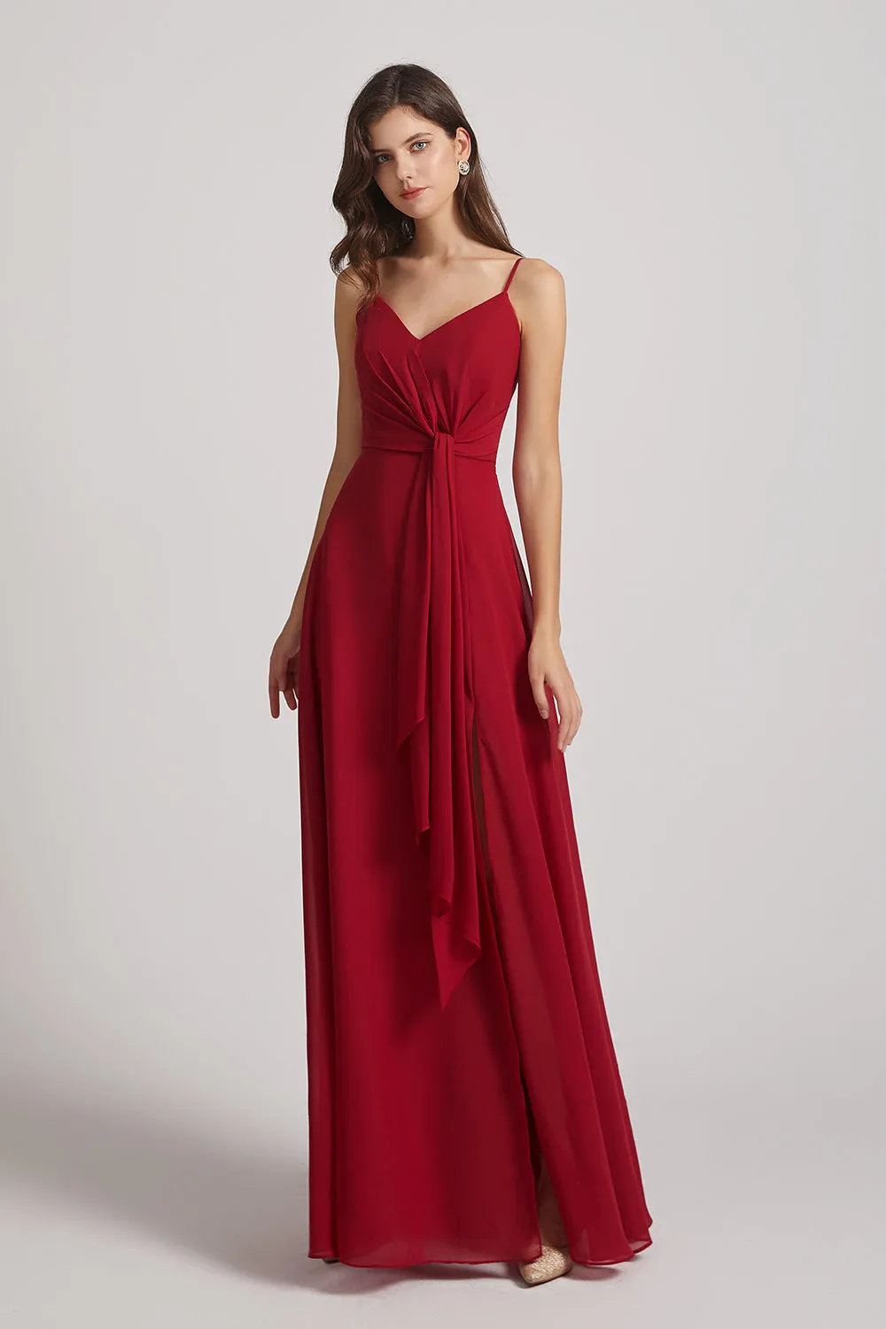 Spaghetti Straps V-Neck Waist-Tie Chiffon Bridesmaid Dresses (AF0103)