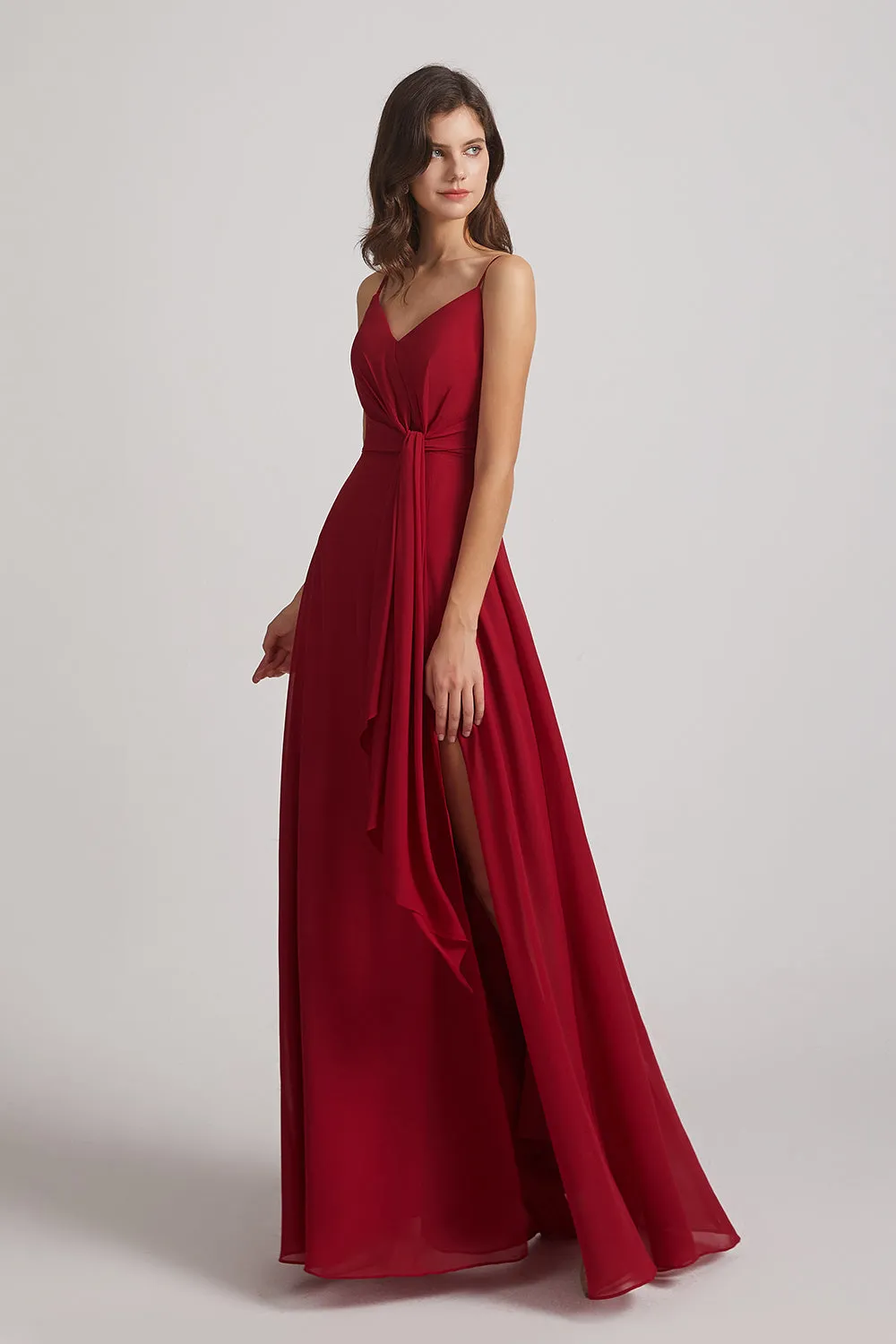 Spaghetti Straps V-Neck Waist-Tie Chiffon Bridesmaid Dresses (AF0103)