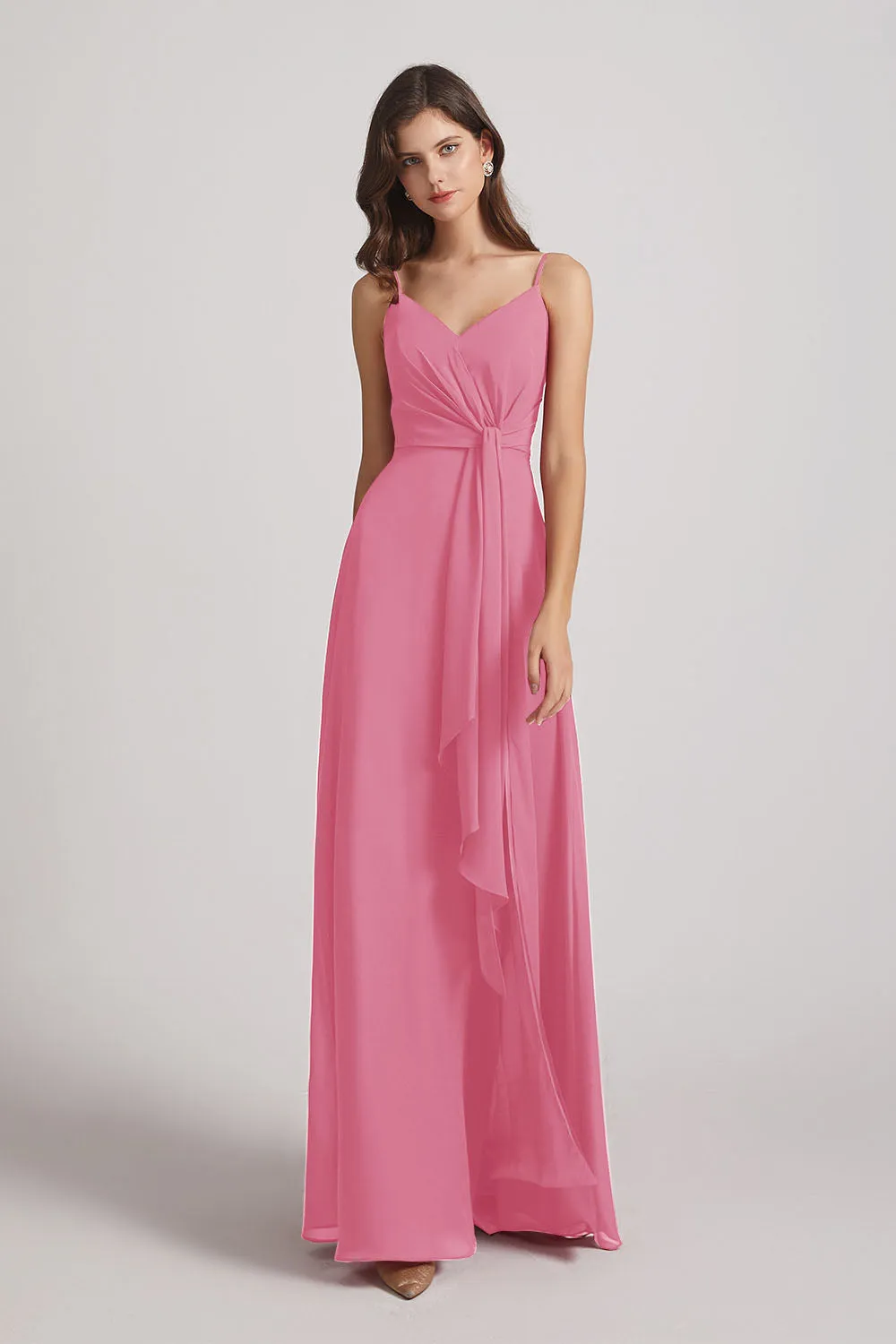 Spaghetti Straps V-Neck Waist-Tie Chiffon Bridesmaid Dresses (AF0103)