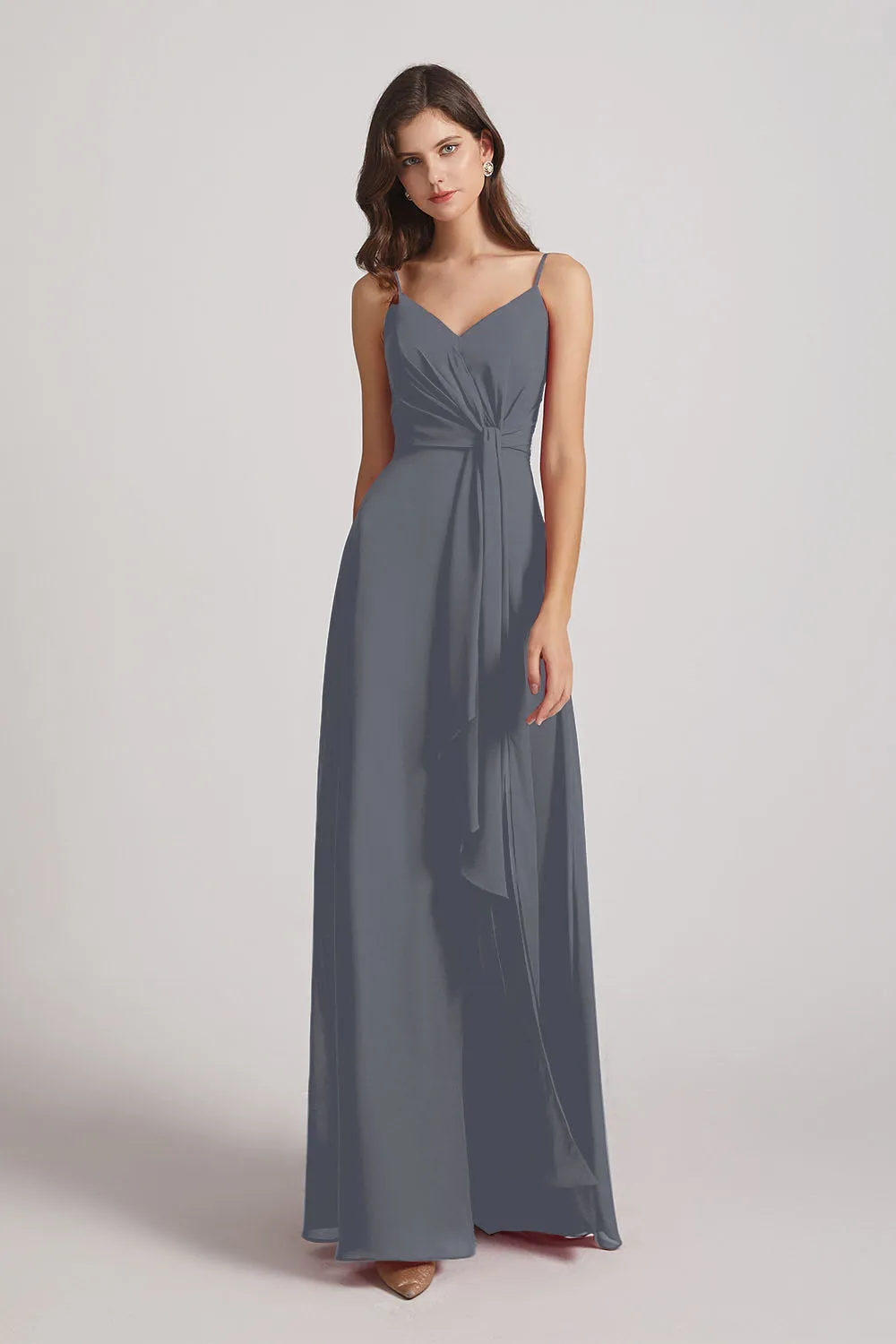 Spaghetti Straps V-Neck Waist-Tie Chiffon Bridesmaid Dresses (AF0103)