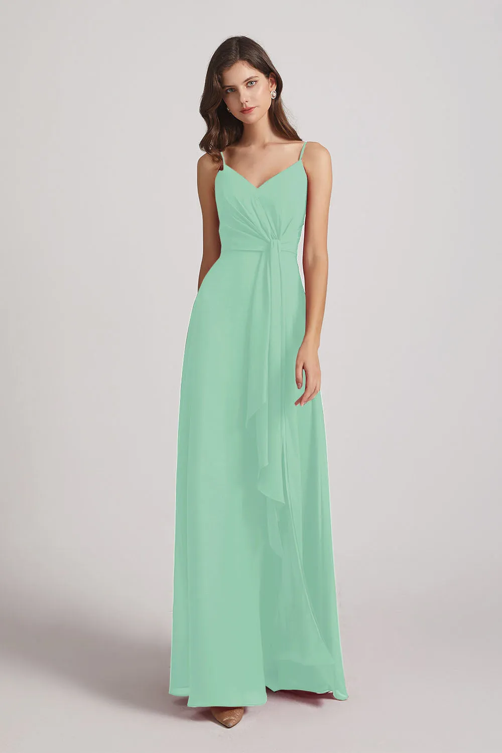 Spaghetti Straps V-Neck Waist-Tie Chiffon Bridesmaid Dresses (AF0103)