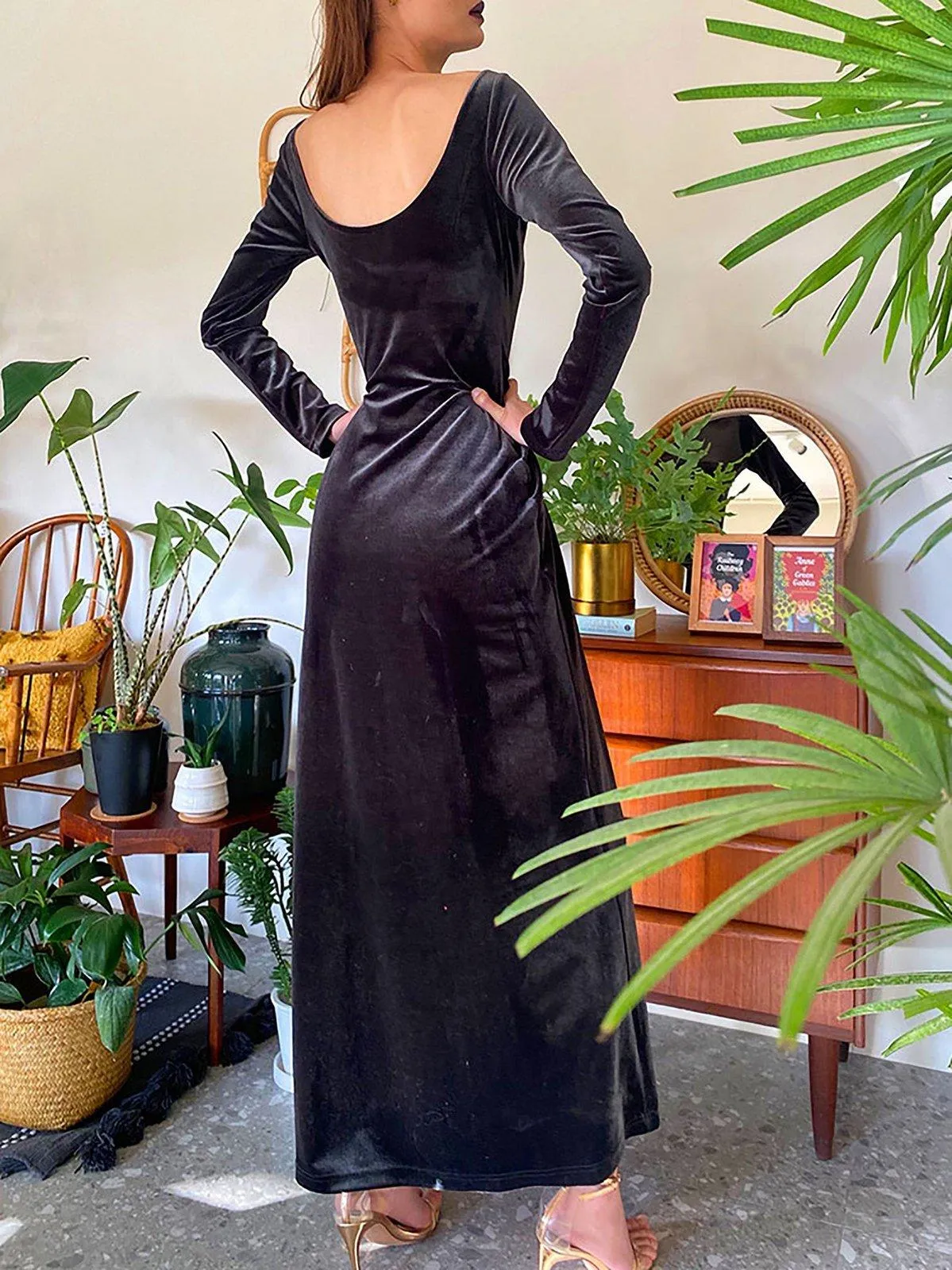 Spandex Velvet Long Sleeve Ruched Maxi Dress