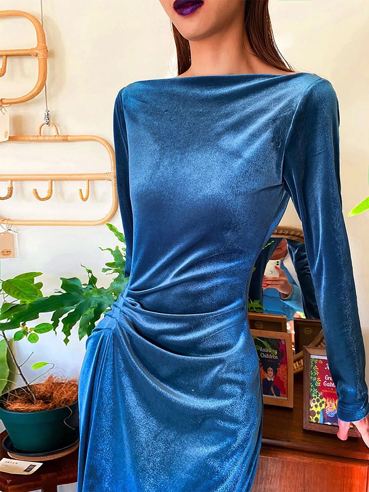 Spandex Velvet Long Sleeve Ruched Maxi Dress