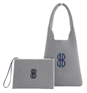 Sutton City Tote - Navy Diamond Monogram / Detachable Metal Chain - Medium