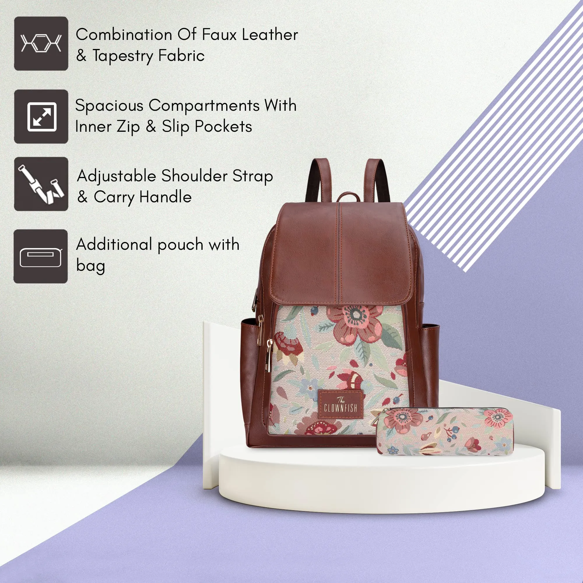 THE CLOWNFISH Combo Of Minerva Faux Leather & Tapestry Women's Backpack College School Girls Bag Casual Travel Backpack For Ladies & Expert Series Pencil Pouch Pen Case (Sky Blue-Floral)