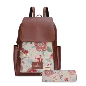 THE CLOWNFISH Combo Of Minerva Faux Leather & Tapestry Women's Backpack College School Girls Bag Casual Travel Backpack For Ladies & Expert Series Pencil Pouch Pen Case (Sky Blue-Floral)