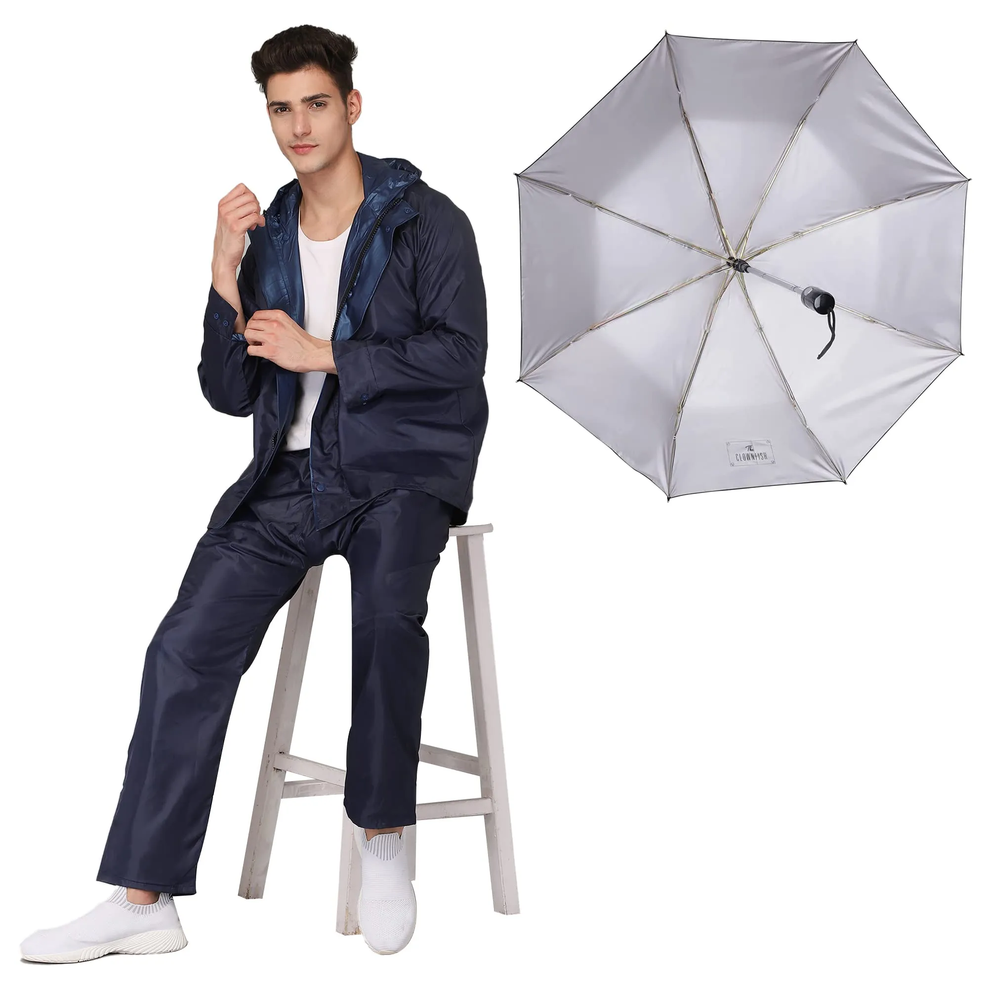 THE CLOWNFISH Combo Of Rain Coat for Men Waterproof Polyester (Blue 2XL) Umbrella Savior Series 3 Fold Waterproof Polyester (Black)