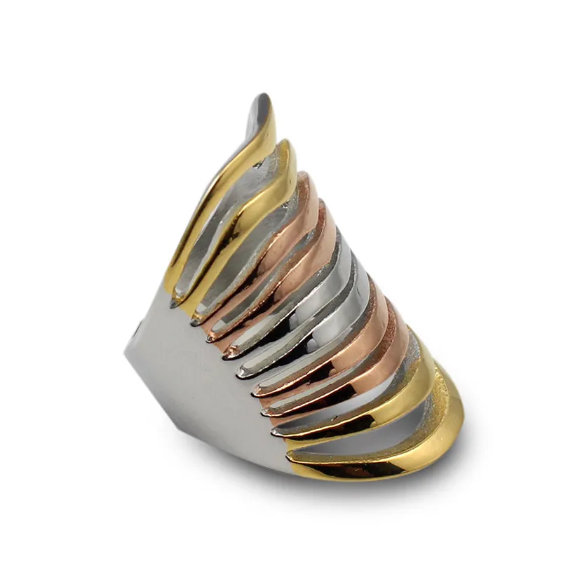 Tri-Color Stainless Steel Open Concave Statement Ring