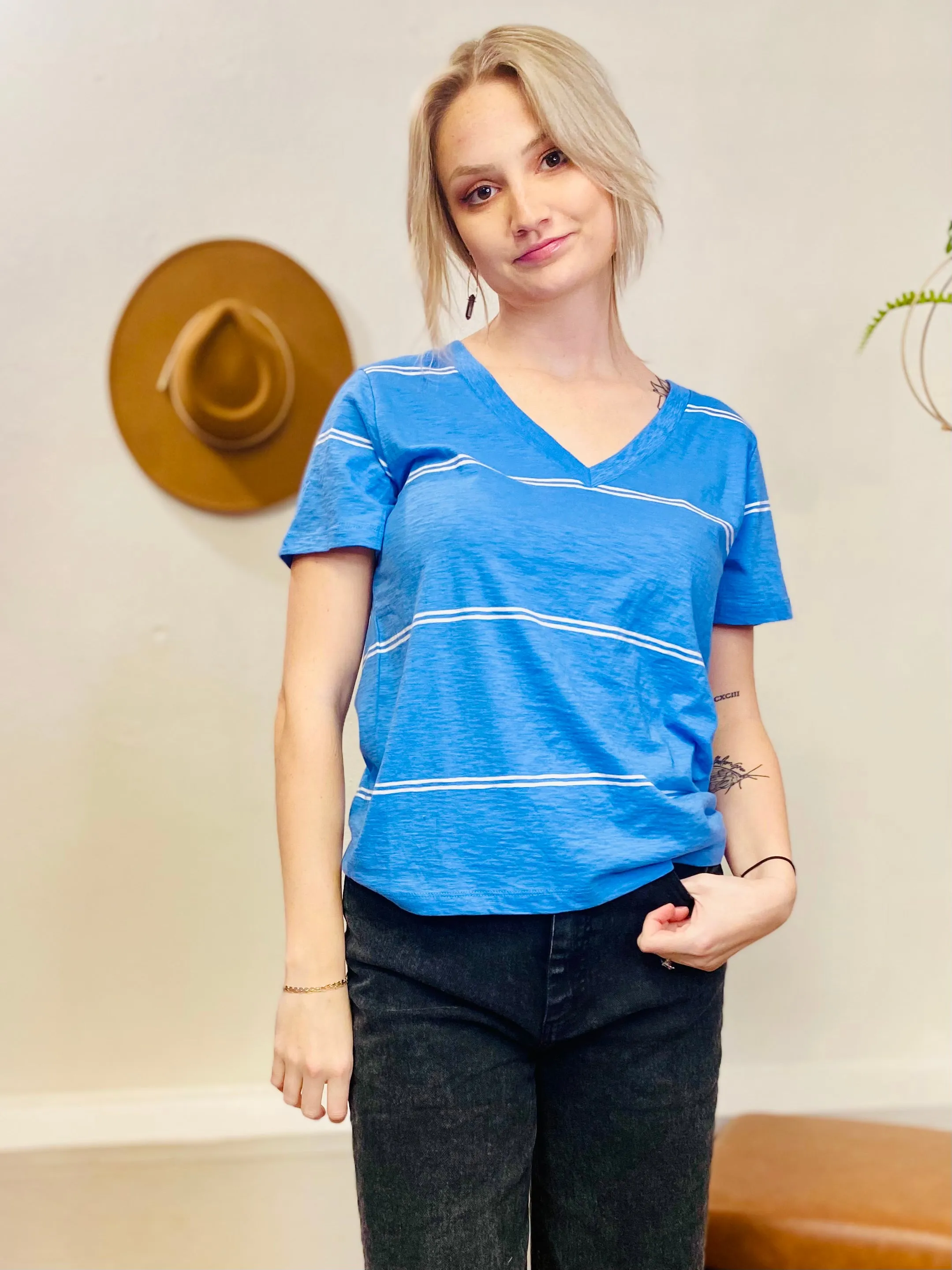 Twin Stripe V Neck Girlfriend Tee Z SUPPLY