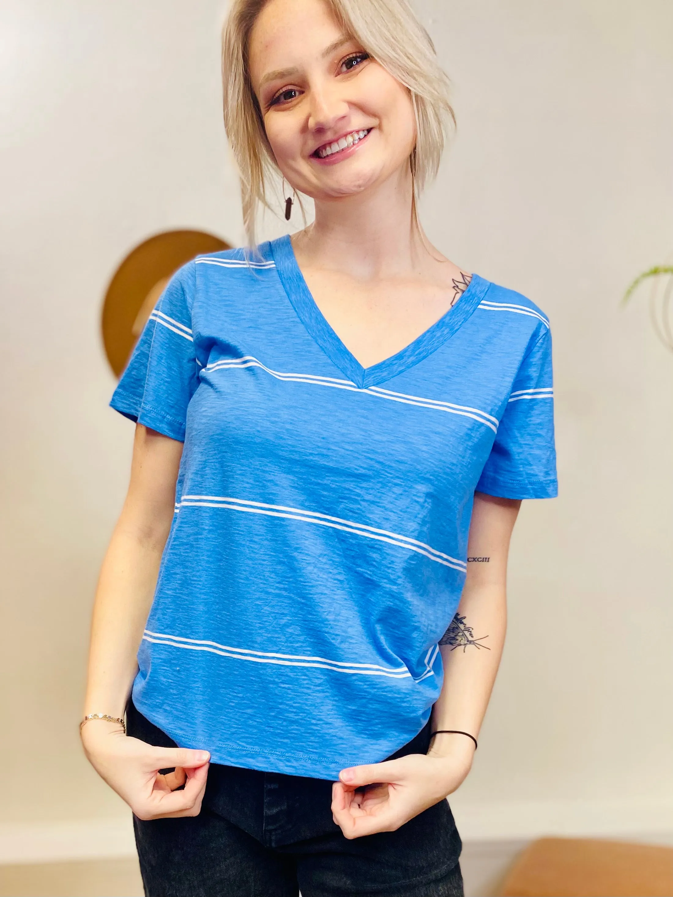 Twin Stripe V Neck Girlfriend Tee Z SUPPLY