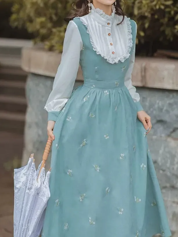 Victorian Style High Neck Blue Floral Dress