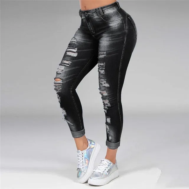 Washed Ripped Jeans Women Plus Size S-5XL Korean High Waist Trousers Skinny Denim Jeans Black Blue Hollow Bleached Pencil Pants