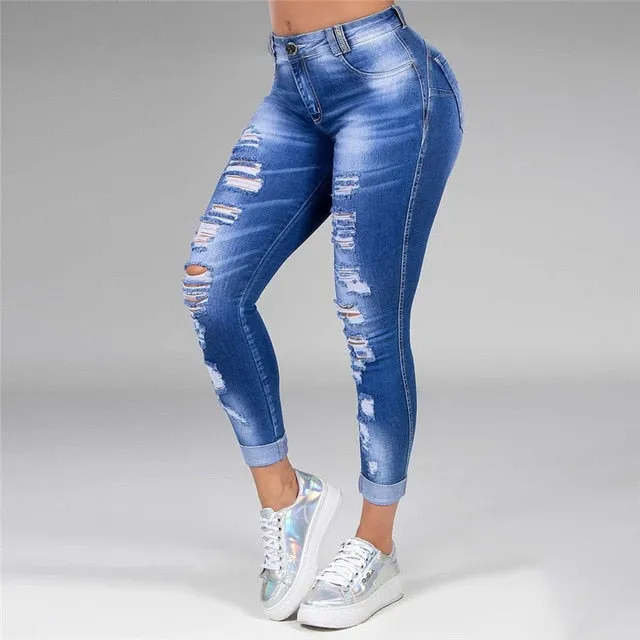 Washed Ripped Jeans Women Plus Size S-5XL Korean High Waist Trousers Skinny Denim Jeans Black Blue Hollow Bleached Pencil Pants